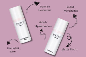 Bild zeigt zwei Pflegeprodukte. Vitamin C Serum und Feuchtigkeitsserum mit Pfeilen, die Wirkung erläutern.