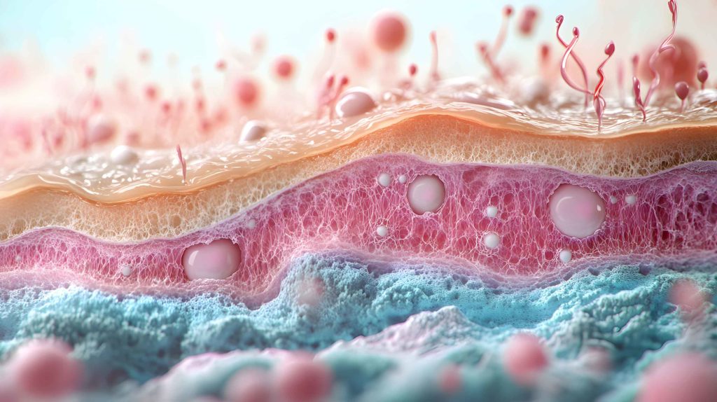 Illustration of human skin layers with inflamed acne, gradually healing, showing regeneration at a microscopic level, Scientific, Infographic style, Pastel colors, Detailed